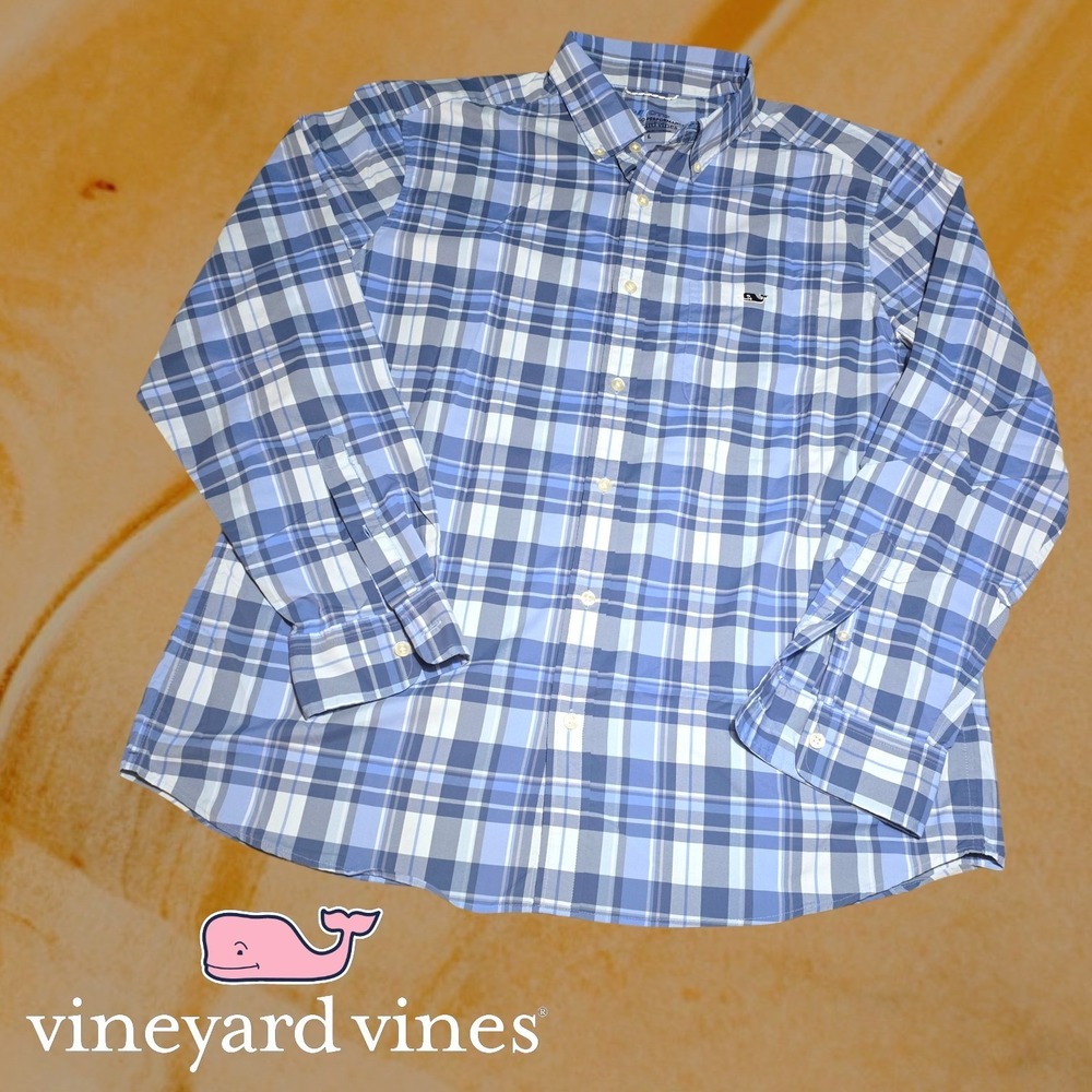 Vineyard Vines Mens OTG Performance Plaid Button Down Shirt Blue L